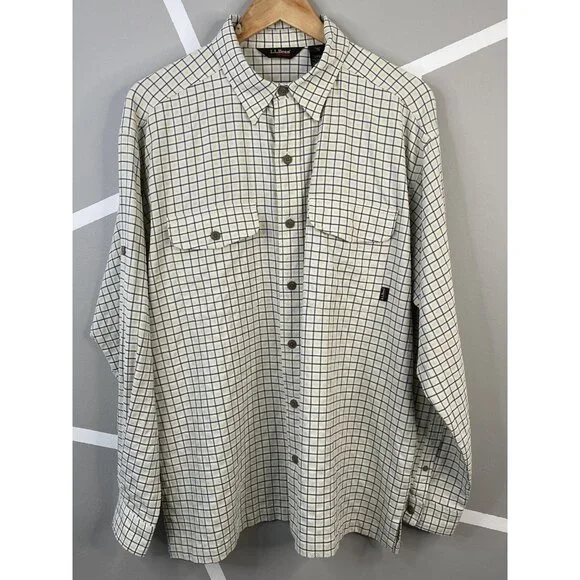 LL Bean Outdoors Textured Long Sleeve Shirt Camping Men’s L Reg Khaki Check - Picture 1 of 16